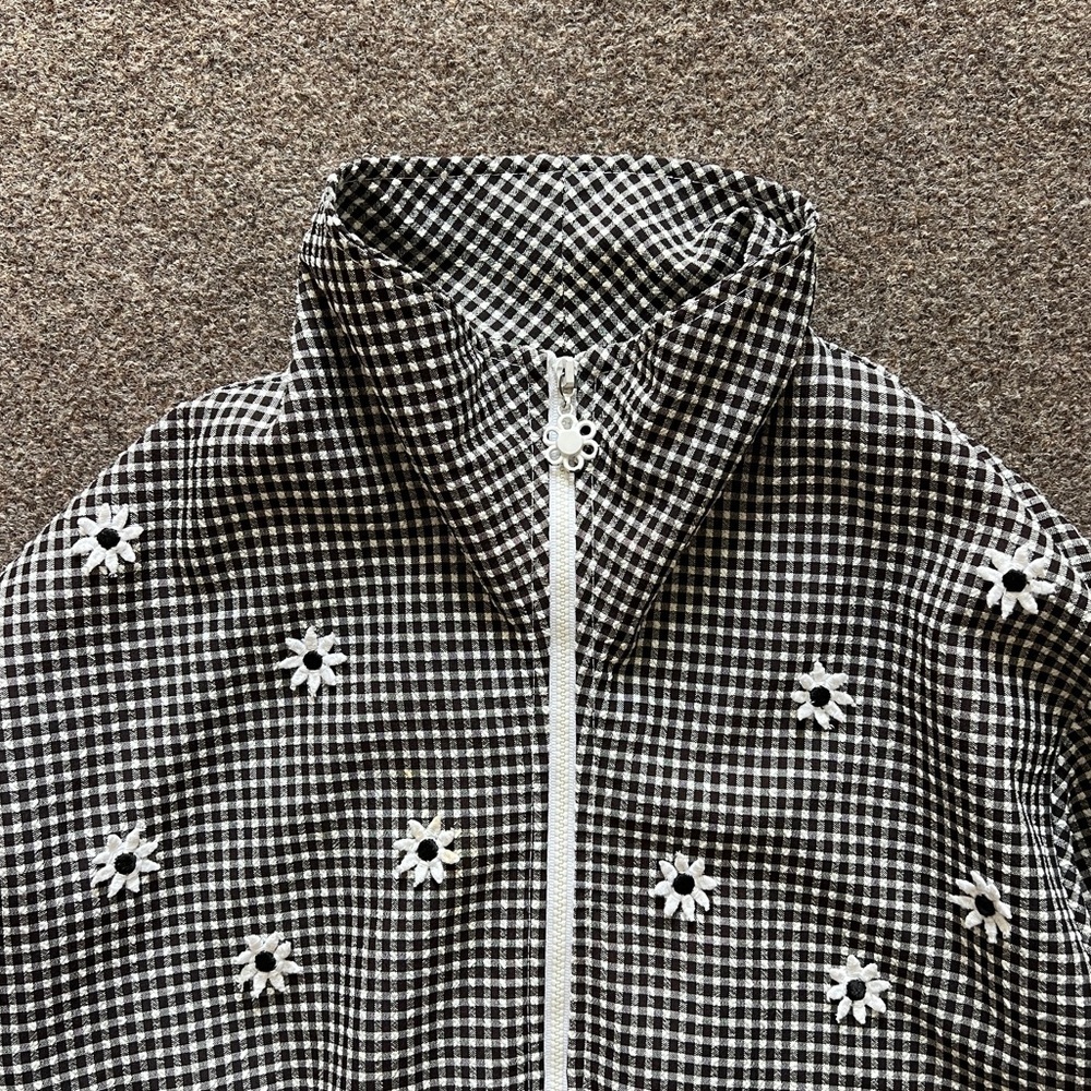 Vintage Zip Up Bomber Jacket Black White Gingham Flowers Lightweight Womens 10 - Picture 5 of 13